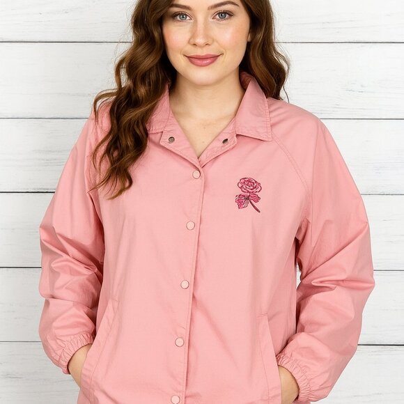 Obey Defiant Rose Pink Button Up Hooded Coach Windbreaker Size Medium - Picture 1 of 8